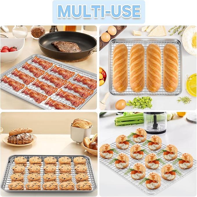 TeamFar Baking Sheet with Rack, 16 x 12 x 1 Inch Stainless Steel Cookie Baking Pan Tray with Grid Rack for Baking Roasting Cooling, Healthy & Heavy-Duty, Oven & Dishwasher Safe