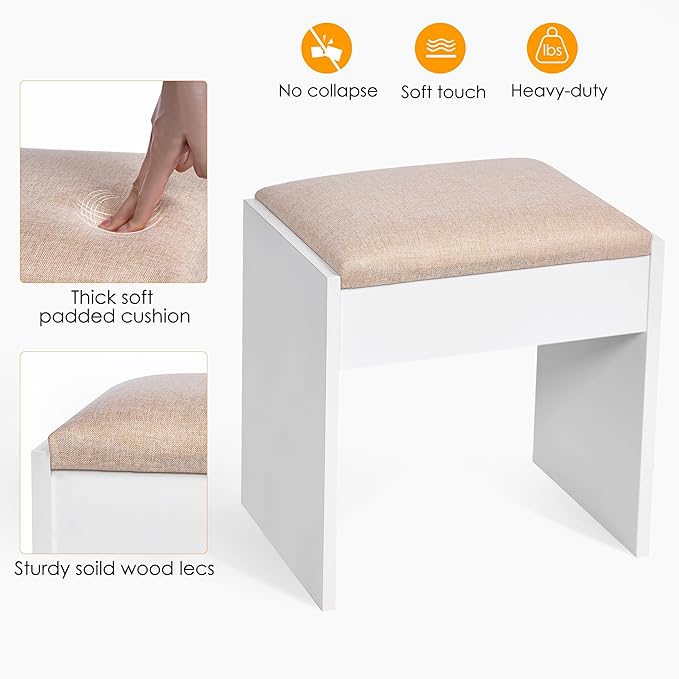 BEWISHOME Makeup Vanity Desk with Mirror and Lights,White Vanity Table with Glass Top,Makeup Desk with Power Outlet,5 Drawers,3 Lighting Modes,Stool,Nightstand,Dressing Table for Bedroom Girls FST29W