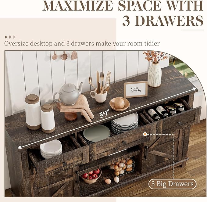 Farmhouse TV Stand with Sliding Barn Door & Drawer, 59" Rustic Entertainment Center for TVs up to 65", Buffet Storage Cabinet for Living Room, Dinning Room, Dark Rustic Oak