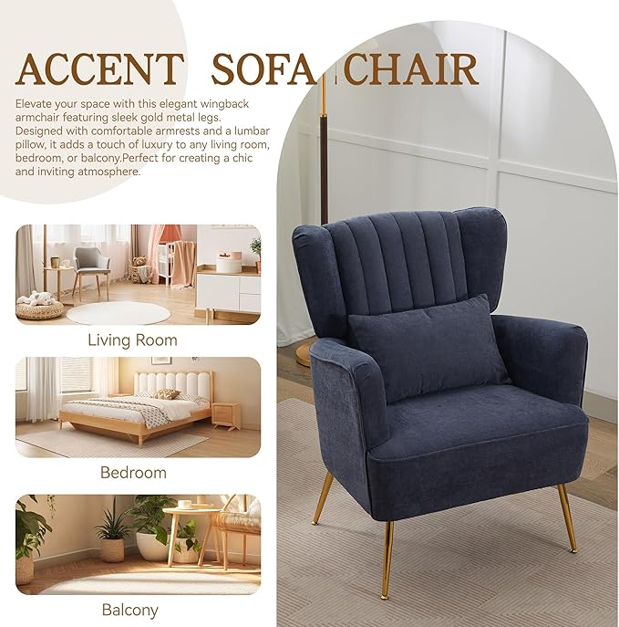 Fabric Accent Living Room Arm Chair with Pillow & Golden Legs, 8.5" Thick Cushion, Mid Century Modern Wingback Chairs Upholstered Comfy Sofa Armchair for Reading Room/Bedroom, Navy