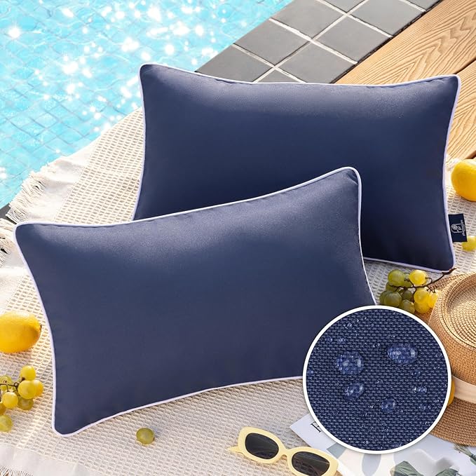 Phantoscope Pack of 2 Outdoor Waterproof Solid Throw Decorative Pillow Cover Decorative Square Outdoor Pillows Cushion Case Patio Pillows for Couch Tent Sunbrella, Dark Blue 12x20 inches 30x50 cm