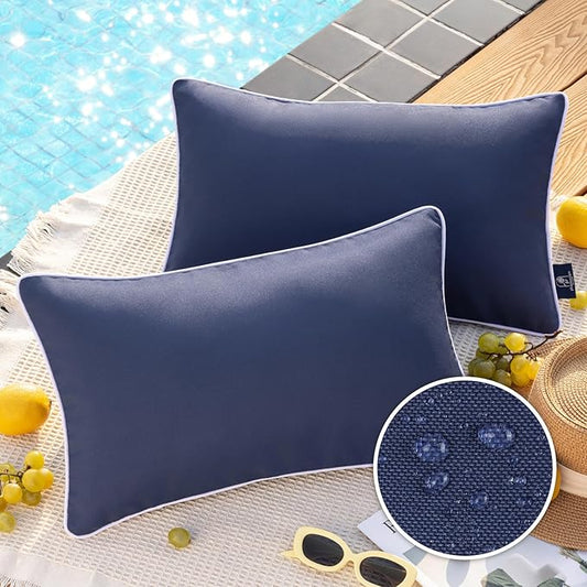 Phantoscope Pack of 2 Outdoor Waterproof Solid Throw Decorative Pillow Cover Decorative Square Outdoor Pillows Cushion Case Patio Pillows for Couch Tent Sunbrella, Dark Blue 12x20 inches 30x50 cm