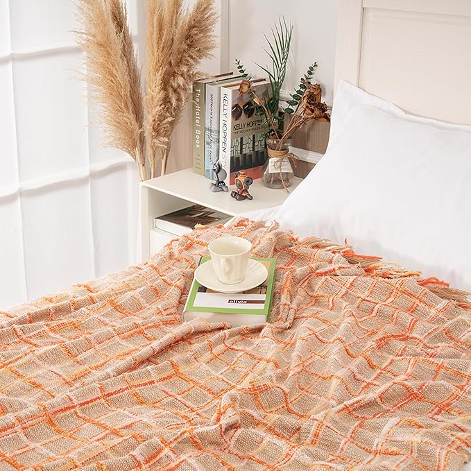 Gealaek Boho Throw Blanket Lightweight Fuzzy Soft Cozy Decorative Blankets for Sofa Bed Farmhouse Throw Blanket Mexcican Blanket with Tassel Khaki Orange Yellow Textured 50" x 60"