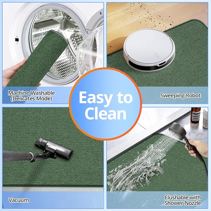 Upgraded Thin Bathroom Rugs, Bath Mat Super Absorbent, Bath Rugs Rubber Backing Non-Slip, Quick Dry Machine Washable, Cozy Cloth Bathroom Mat fit Under Door/Sink/ Bathtub/Shower/Kids 19''x30''-Green