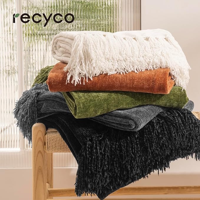 RECYCO Throw Blanket Soft Cozy Chenille Throw Blanket with Fringe Tassel for Couch Sofa Chair Bed Living Room Gift (Loden Green, 60'' x 80'')