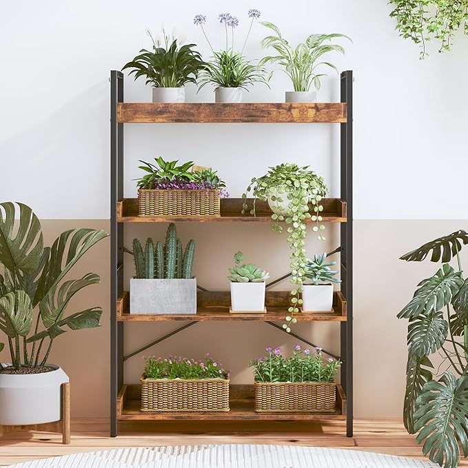 HCHQHS 4 Tier Bookshelf, Adjustable Industrial Bookcase, Vertical Tall Book Shelf, Wood and Black Metal Open Bookshelves for Home Office, Living Room, Bedroom