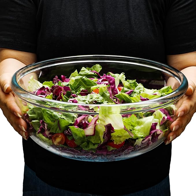 Large Glass Mixing Bowl - 6 Quart Clear Glass Salad Bowls - Glasses Bowl for Sourdough, Bread Making, Kitchen