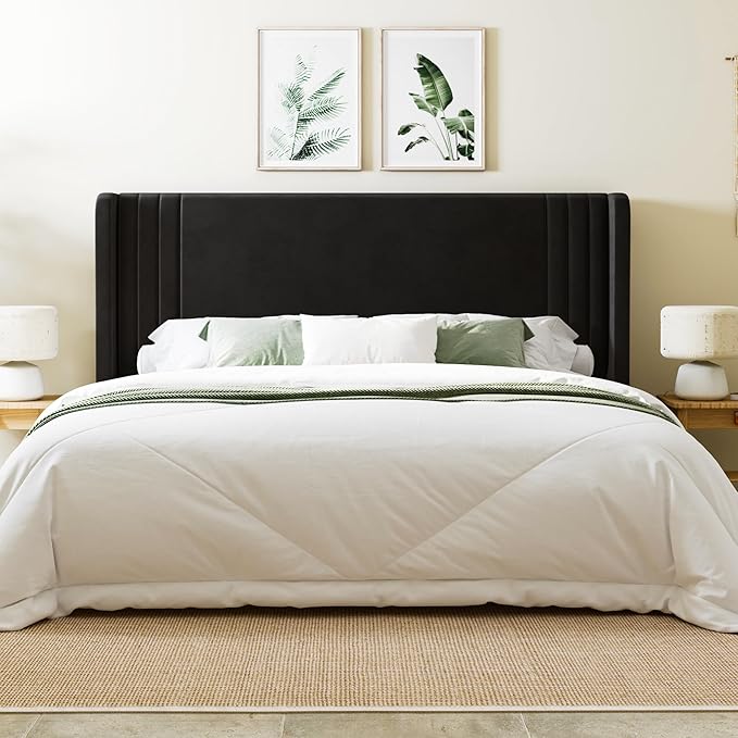Allewie King Size Velvet Platform Bed Frame with Vertical Tufted Wingback Headboard, Easy Assembly, Under Bed Storage, No Box Spring Required, Modern Style, Black