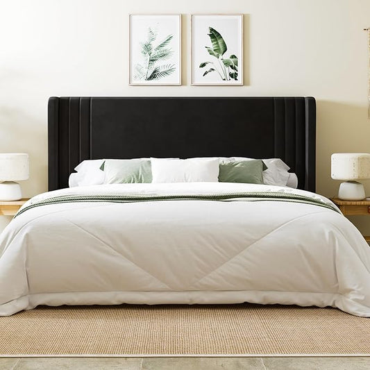 Allewie King Size Velvet Platform Bed Frame with Vertical Tufted Wingback Headboard, Easy Assembly, Under Bed Storage, No Box Spring Required, Modern Style, Black
