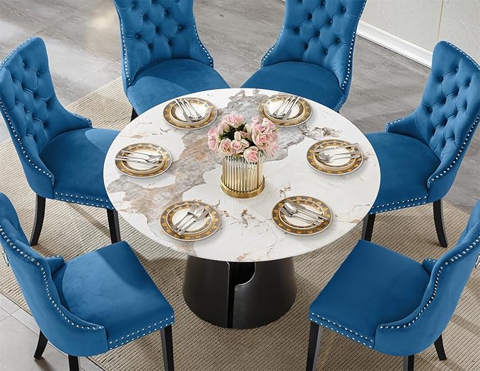 7-Piece Faux Marble Round Dining Table Set for 6, Modern Luxury Kitchen Table Set for 6 with Blue Tufted Chairs,Circle Dining Tables with Pandora Grain Top and Black Pedestal Base