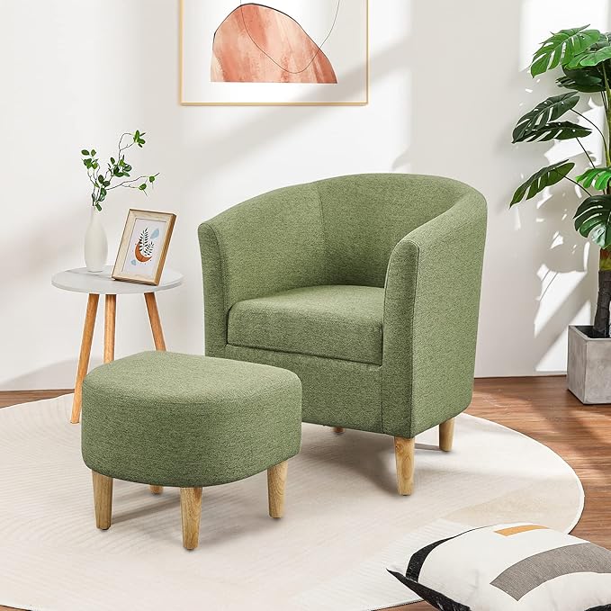 DAZONE Accent Chairs Set of 2 Mid Century Modern Chair with Ottoman Comfy Armchair Footrest Set Comfortable Living Room Chairs Upholstered Barrel Club Tub Sofa Chair for Bedroom Reading Room Green