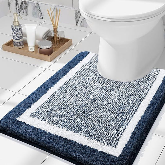 OLANLY Toilet Rugs U-Shaped 24x20, Extra Soft and Absorbent Microfiber Bathroom Rugs, Non-Slip, Machine Wash Dry, Plush Shaggy Contour Bath Mats for Toilet Base (Navy and White)
