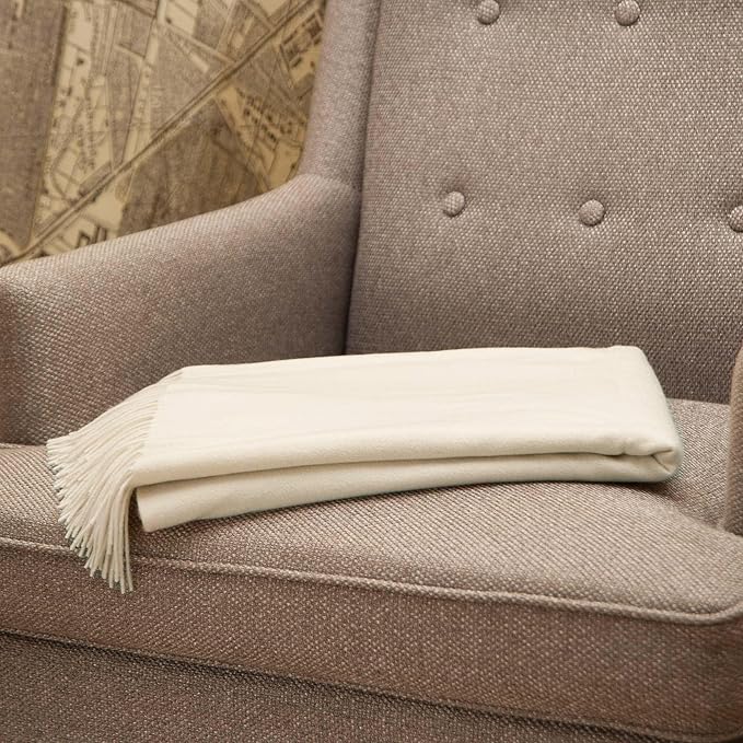 CUDDLE DREAMS Premium Cashmere Throw Blanket with Fringe, Luxuriously Soft (Ivory)