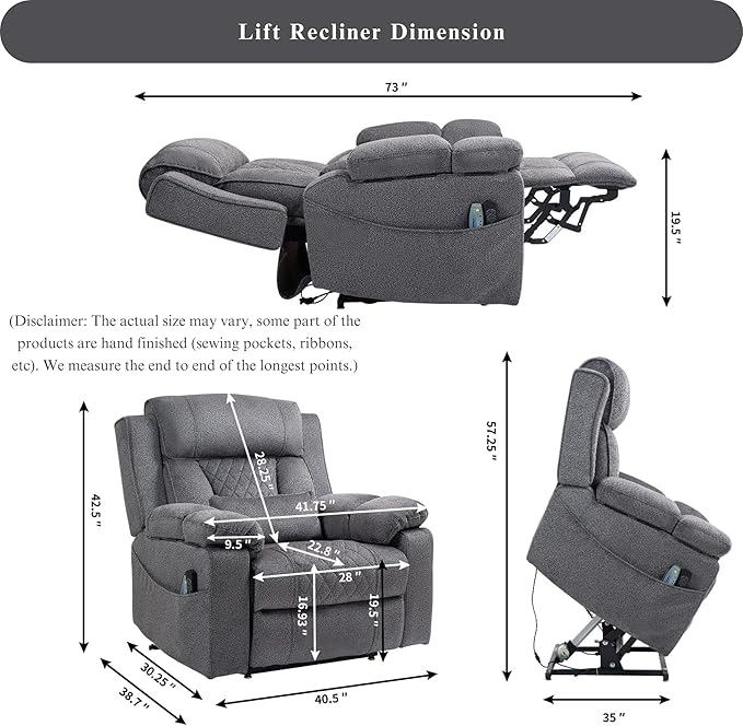 Big Man Power Lift Recliner for Elderly Adults 28 Inch Wide Seat, Lay Flat Lift Chair with Heat Massage, Flip Arm Storage Cup Holders, USB Type C Charging (Grey Chenille)
