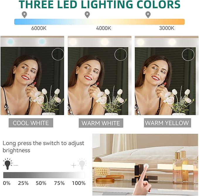 YITAHOME Makeup Vanity Desk with LED Mirror & 3 Brightness Levels, Makeup Table with 11 Drawers, Magnifying Glass, Power Outlets, Hairdryer Holder & Storage Cushion Stool for Dressing Room