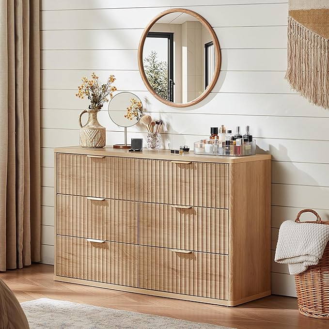 LEYAOYAO Fluted 6 Drawers Dresser for Bedroom, 48" Wide Modern Chest of Drawers with Metal Handle, Natural Curved Profile Farmhouse Closet Organizer Wood Dressers TV Stand for Living Room, Hallway