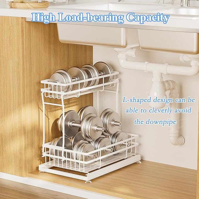 2 Pack Under Sink Organizers and Storage, 2 Tier Pull Out Cabinet Organizer, Metal Sliding Drawer Storage for Kitchen Bathroom, White