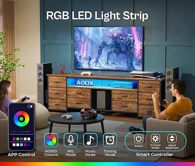 Huuger 70.9 Inch LED TV Stand Dresser with Power Outlets, USB-C Port and LED Lights, 10 Fabric Drawer Dresser for Bedroom, Long Entertainment Center for 75, 80 Inch TV, Open Shelves, Rustic Brown