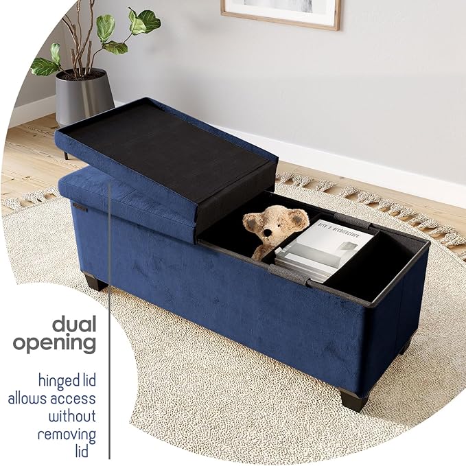STORAGEBUD Storage Ottoman Bench with Bins, 43-in Storage Bench for Bedroom End of Bed, Folding Foot Rest Ottoman for Living Room Max 660lbs, Velvet Ottomans, Blue