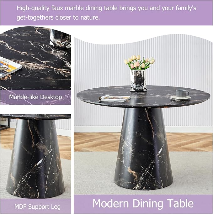 45 Inch Round Dining Table Set for 6, 7 Piece Kitchen Table and Chairs Set, White Faux Marble Table Top, Small Space Dining Set for Apartment or Dining Room