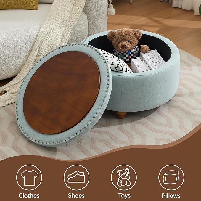 30Inch Round Storage Ottoman with Tray, Modern Tufted Fabric Circle Coffee Table with Storage, Upholstered Ottoman with Removable Top for Living Room, Bedroom, Light Blue