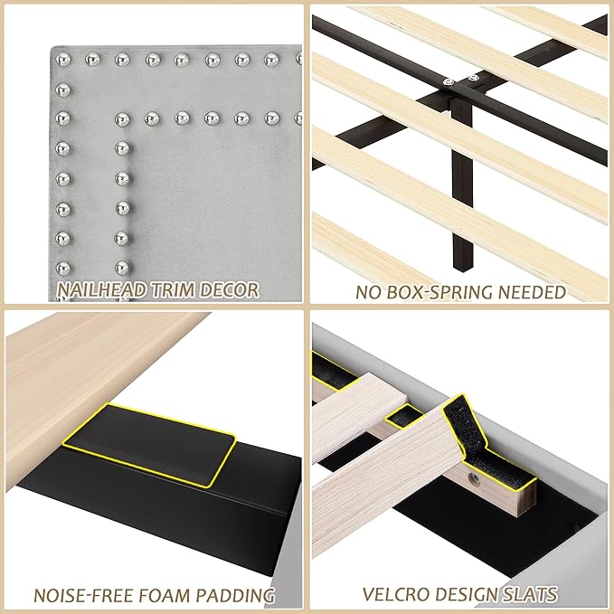 VECELO Queen Size Bed Frame with Adjustable Upholstered Headboard, Wooden Slats Platform, Noise-Free Design, Easy Assembly