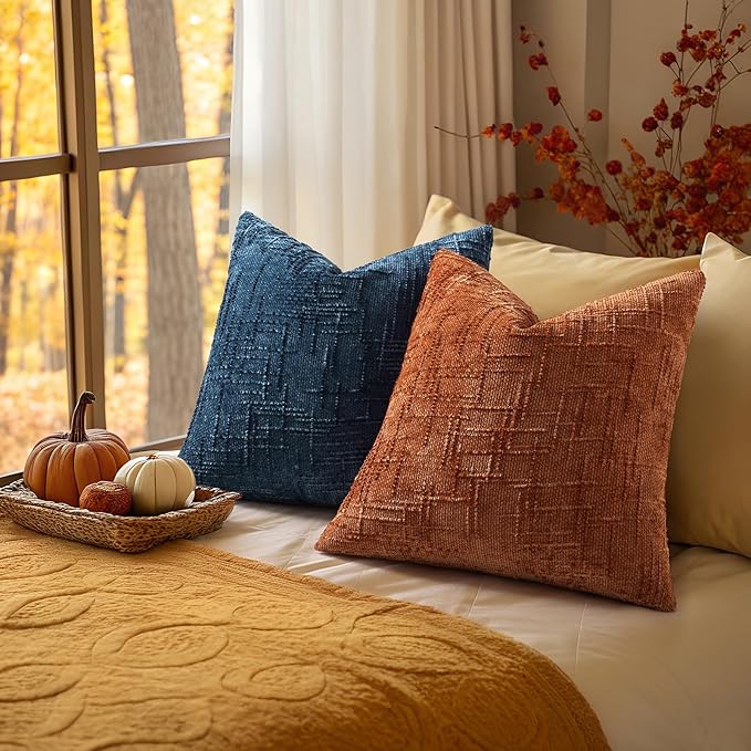 decorUhome Fall Rust Chenille Throw Pillow Covers 12x20 Set of 2 Thick Textured Slubby Couch Pillow Covers Farmhouse Accent Modern Neutral Decorative Pillow Cases for Bed Sofa Living Room