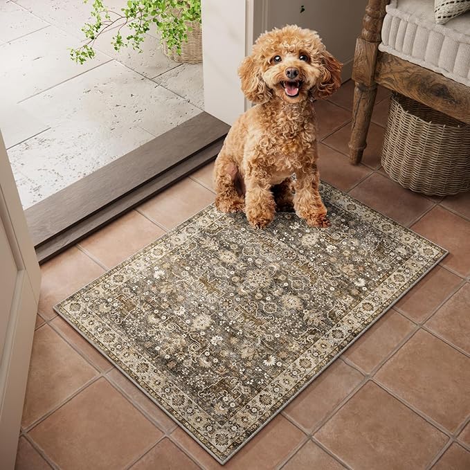 Washable 2'x3' Non Slip Rug Vintage Soft Low Pile Lightweight Boho Area Rugs for High-Traffic Areas (Entryway, Kitchen, Hallway), Farmhouse Decor