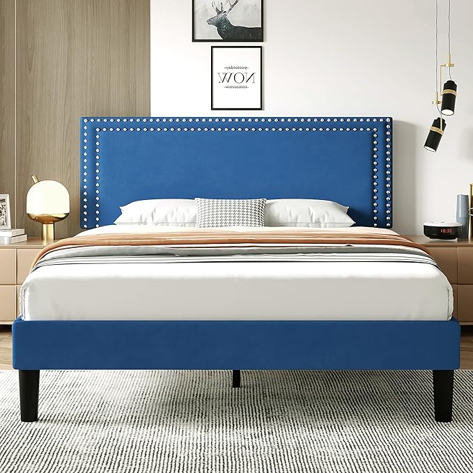 VECELO Full Size Bed Frame with Adjustable Upholstered Headboard, Wooden Slats Platform, Noise-Free Design, Easy Assembly