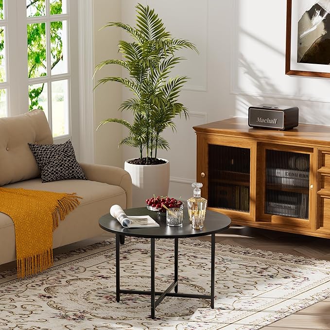 Round Coffee Table, Small Coffee Tables for Living Room, Wood Coffee Table with Metal Frame, Floor Table Desk for Sitting on The Floor, Home, Office, Farmhouse, Black (23.6" D x 17.7" H)