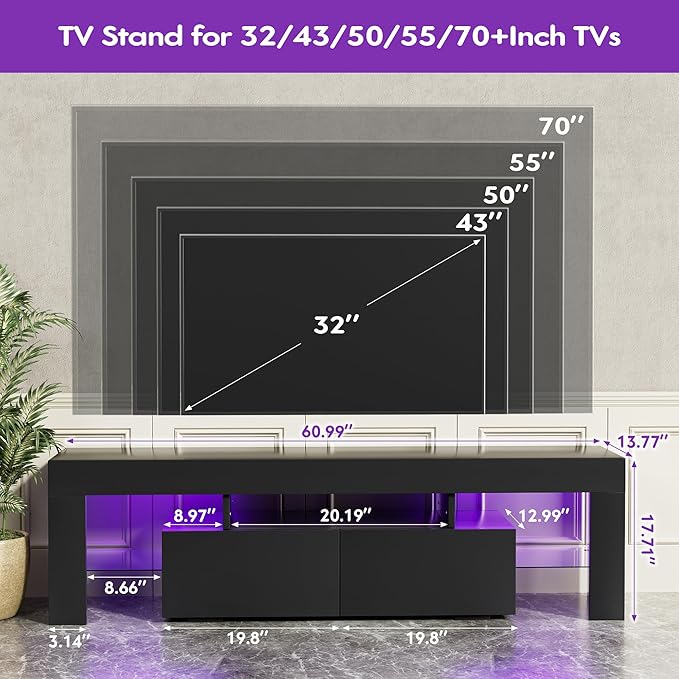 JUMMICO TV Stand, Modern Lighting TV Cabinet Entertainment Center Media and Open Shelf, TV Console Table with 1 Drawer and Remote Control, 20 Color LED Lights up to 70 Inch TV (Black)
