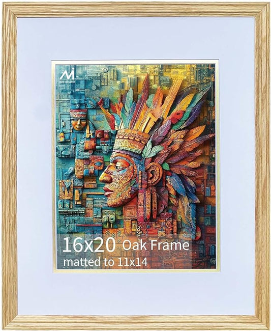 16x20 Picture Frame Matted to 11x14 ,16*20 Solid Oak Wood Picture Frames, 16 by 20 Premium wooden Photo Frame with Real HD Tempered Glass ,Ideal for Home Decor, Art Gallery , Vertical & Horizontal Wall Hanging Display，Oak Color, 1 Pack