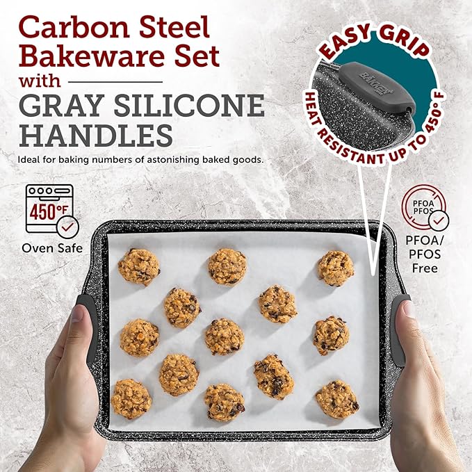 BAKKEN Cookie Sheets for Baking Nonstick Set - 3-Piece Stackable Carbon Steel Baking Sheet Pans Set with Silicone Handles, Non Toxic Cookie Sheets for Baking Bakeware Set - Gray Marble