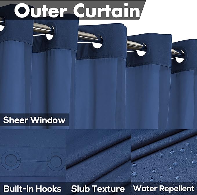 No Hook Slub Textured Shower Curtain with PEVA Liner Set - 71" x 74"(72"), Hotel Style with See Through Top Window, Machine Washable & Water Repellent Fabric, Navy Blue, 71x74