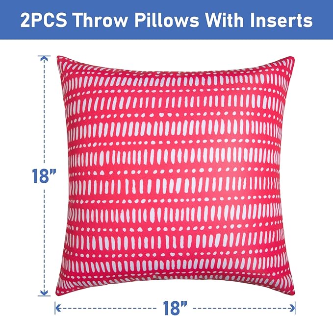 Pack of 2 18x18 Outdoor Pillows, Waterproof Throw Pillows with Inserts, Decorative Patio Pillows for Garden, Couch, Furniture, Sofa, Bed, Living Room((Pebble Red)