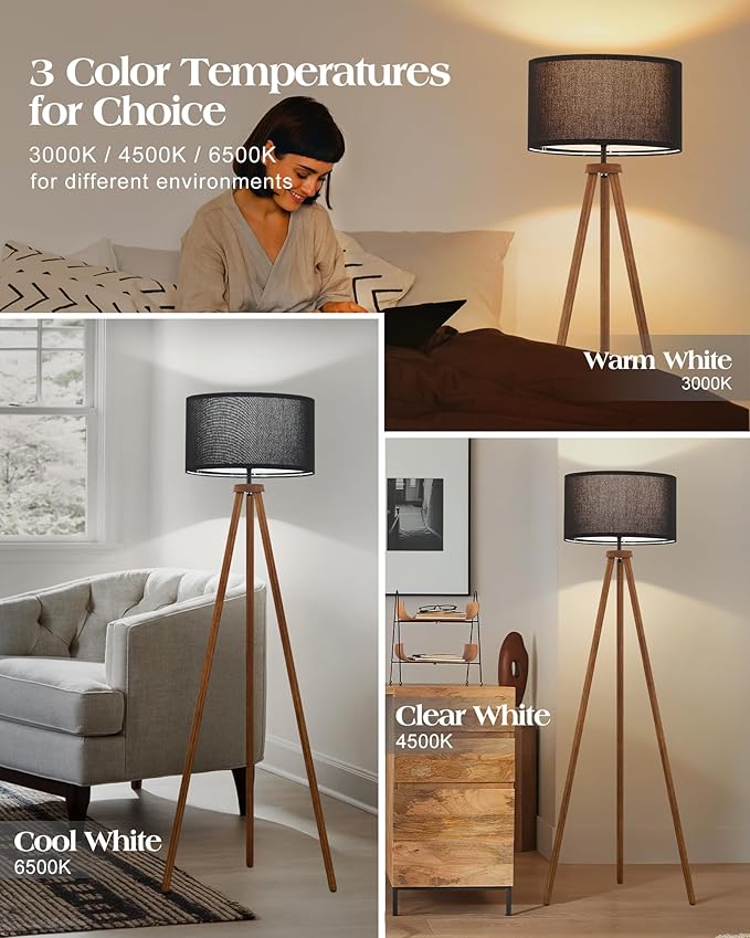 ELYONA Wood Tripod Floor Lamp, Modern Standing Lamp with Black Drum Linen Shade & 3 Color Temperatures LED Bulb, Industrial Tall Reading Lamp for Office Living Room Bedroom, ETL Listed Walnut & Black
