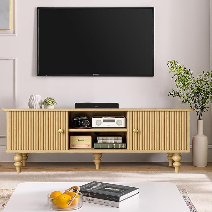 Modern Wood TV Stand for 55 Inch TV, Retro Media Console with Storage Cabinets & Shelves, Solid Wood Entertainment Center with Fluted Doors, Mid Century Style TV Cabinet, Nature