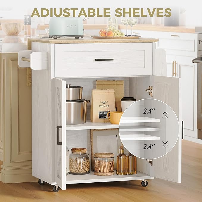 IRONCK Kitchen Island Table with Storage, Rolling Kitchen Cart with Power Outlet, Storage Cabinets on Wheels with Drop Leaf, Portable for Dining Room, White