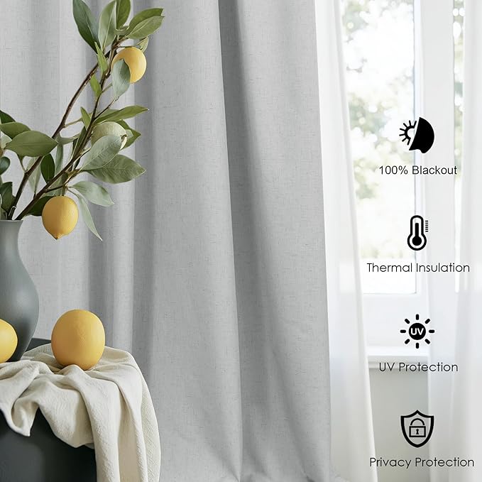 Elegant Light Grey 100% Black Out Curtains 96 Inch Length 2 Panel for Living Room Darkening White Back Tab Thermal Insulated Long Drape Complete Blackout Linen Textured Curtain for Bedroom Dove Gray