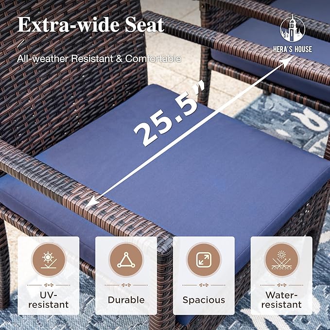 HERA'S HOUSE Patio Table and Chairs Set 7-Piece, Outdoor Dining Furniture Set with Cushions, All-Weather 64" Wood Grain Table with 1.6"-2" Umbrella Hole & Wicker Chairs for Backyard, Garden, Deck