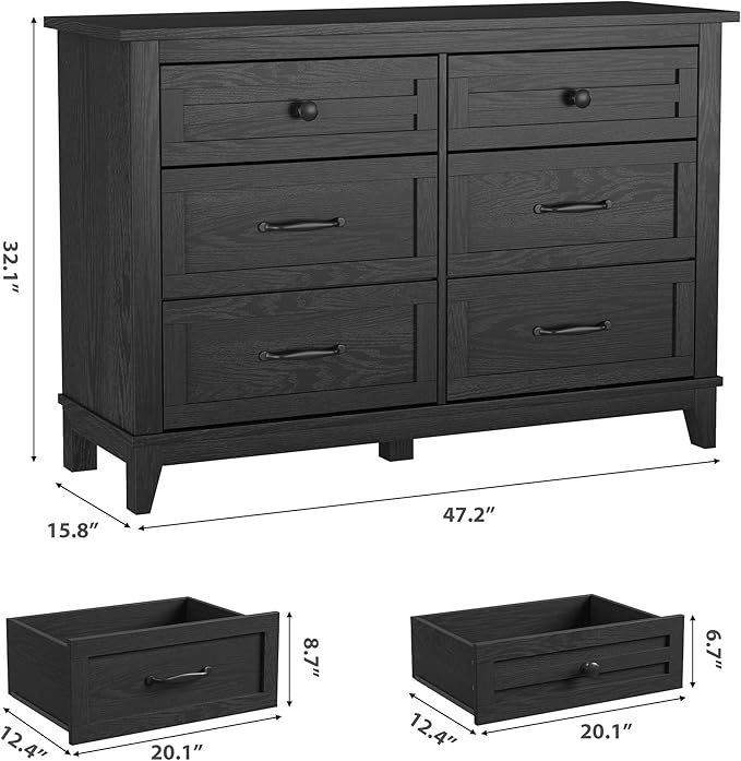 GarveeHome 6 Dresser for Bedroom, 47" Wide Drawer Dresser with Storage Freestanding, Wooden Closet Storage Chest for Living Room, Bedroom, Entryway, Black
