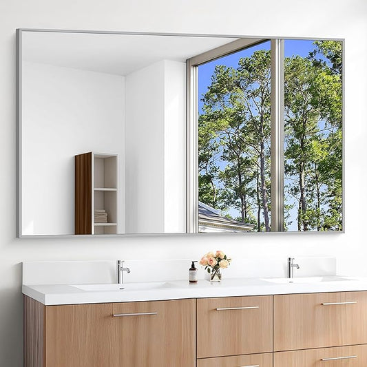 KOCUUY Large Silver Bathroom Mirror, 60x36 inch Rectangular Mirror for Bathroom Sink, Oversized Mirror with Metal Brushed Nickel Frame for Living Room, Farmhouse, Entryway, Hang Horizontal/Vertical
