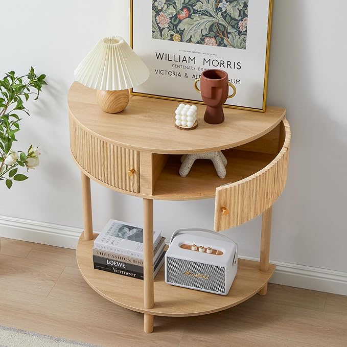 Fluted Half Moon Console Table, Modern Small Entry Table Sofa Table with Storage, Solid Wood Legs Narrow Entryway Table for Living Room, Hallway, Foyer(Natural)