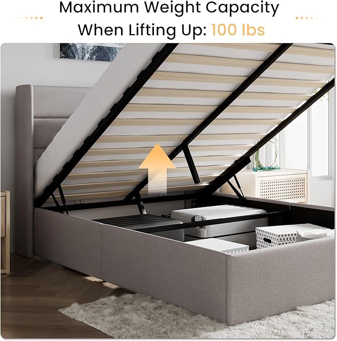 SHA CERLIN Queen Size Lift Up Storage Bed/Modern Wingback Headboard/Upholstered Platform Bed Frame/Hydraulic Storage/No Box Spring Needed/Wood Slats Support/Light Beige