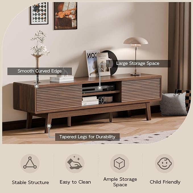 TV Console, Mid Century Modern Media Console for 55/60/65 Inch TV, Low Profile TV Stand with Fluted Sliding Doors, Boho Light Wood Credenza for Living Room (Walnut, 59")