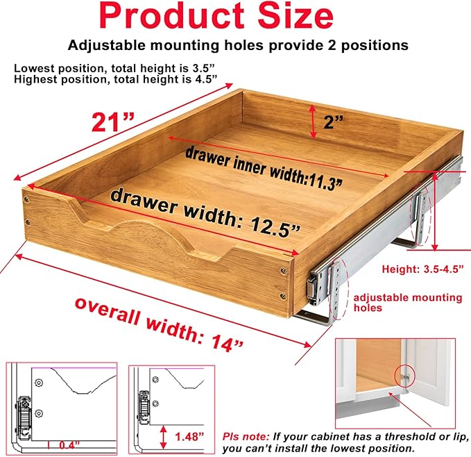 DINDON 1 Tier Pull Out Cabinet Organizer (14" W x 21" D) Single Tier Heavy Duty Sliding Wood Drawer Under Cabinet Shelf Organization Storage