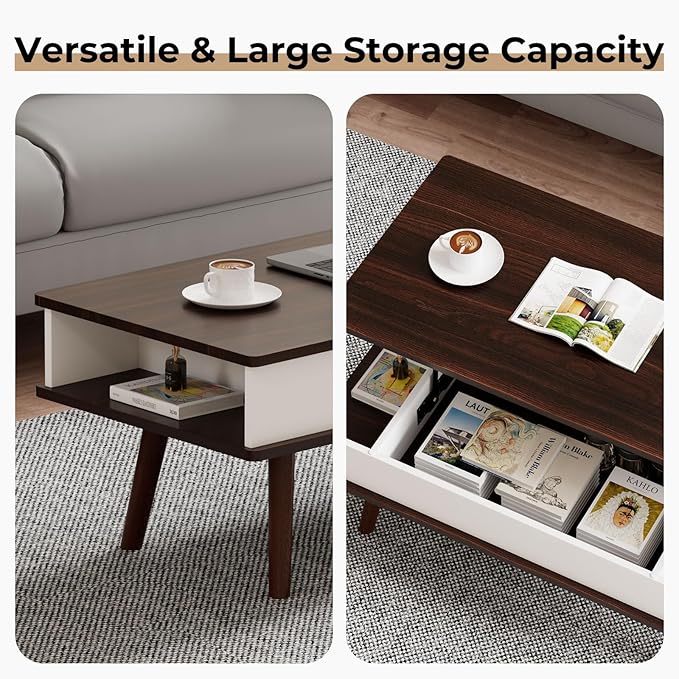 Lift Top Coffee Table, One Minute No Assembly Required Rising Tabletop Center Table with Large Hidden Storage Compartment, Open Shelf, Anti-Pinch Design Mute for Living Room (Black Walnut)