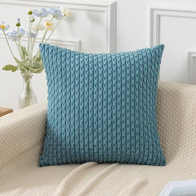 Kevin Textile Throw Pillow Covers Soft Corduroy Decorative Set of 2 Boho Striped Pillow Covers Pillowcases Farmhouse Home Decor for Couch Bed Sofa Living Room 12x20 Inch Light Blue