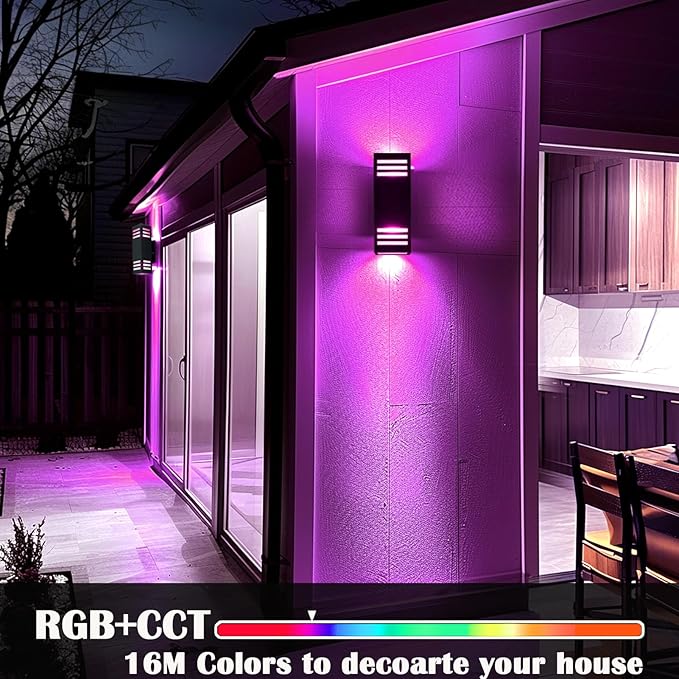 RGB Smart Wall Lights, 2 Pack Front Porch Light Fixtures, Square Color-Changing Outdoor Sconce With E26 Base, IP65 Waterproof Up and Down Lights With Sensor