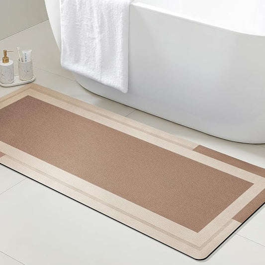 Ultra Thin Bath Mats Fit Under Door, Upgrade Backing Non Slip Bath Mat, Quick Dry Ultra Absorbent Bath Mat, Machine Washable Bathroom Rugs for Bathroom Floor, Bathtub, Kitchen, Taupe, 48"x20"